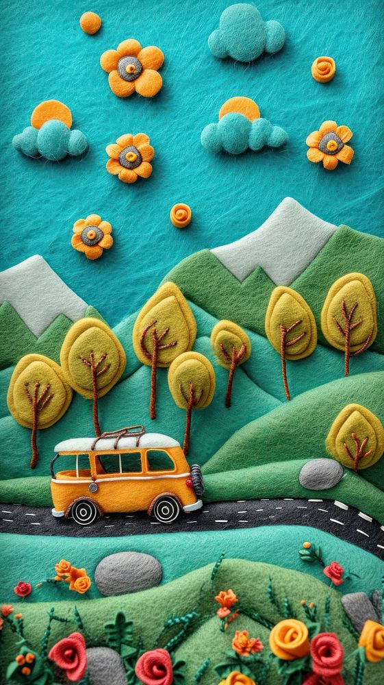 Wallpaper of felt travel art vehicle pattern.