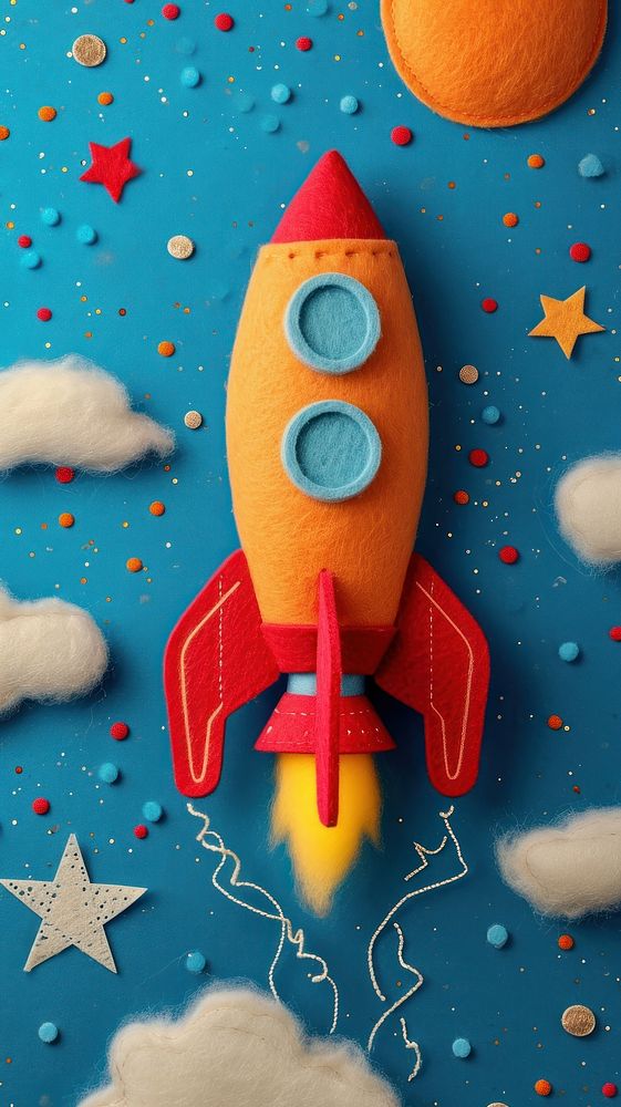 Wallpaper of felt rocket toy art representation.