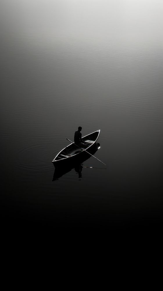 Man fishing on a boat monochrome vehicle rowboat.