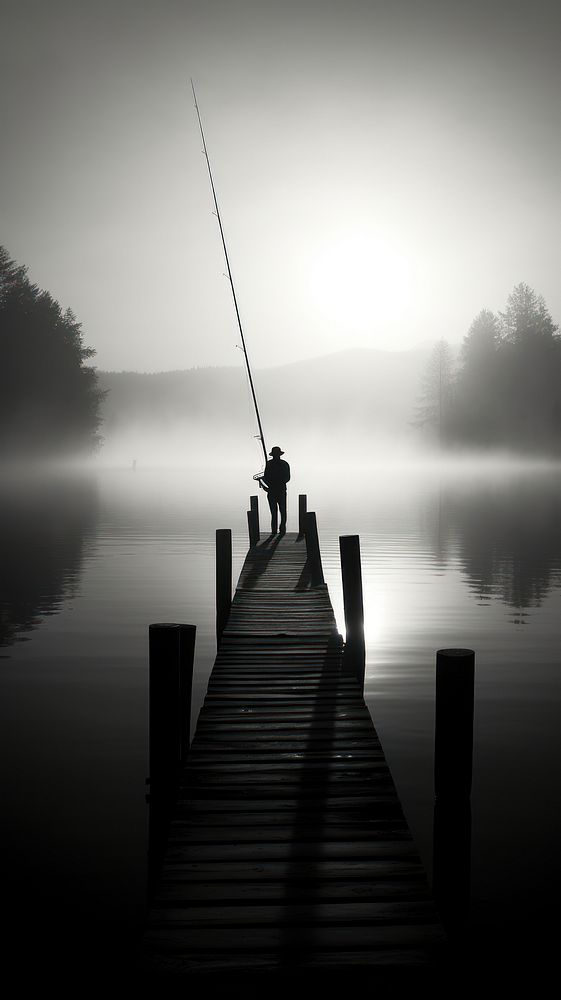Man fishing at the dock monochrome outdoors nature.
