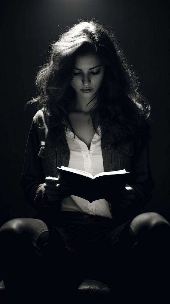 A girl reading publication photography monochrome.
