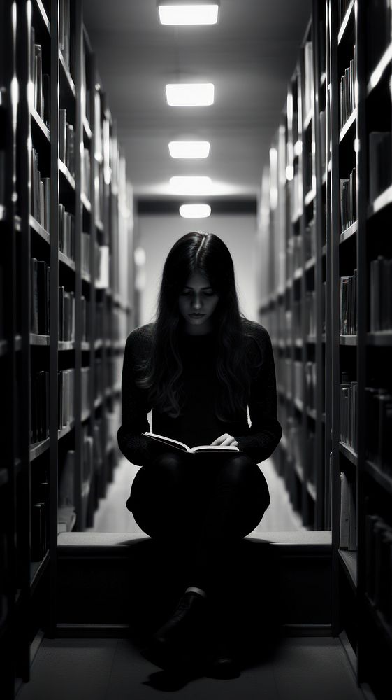 A girl reading in the library publication photography monochrome.
