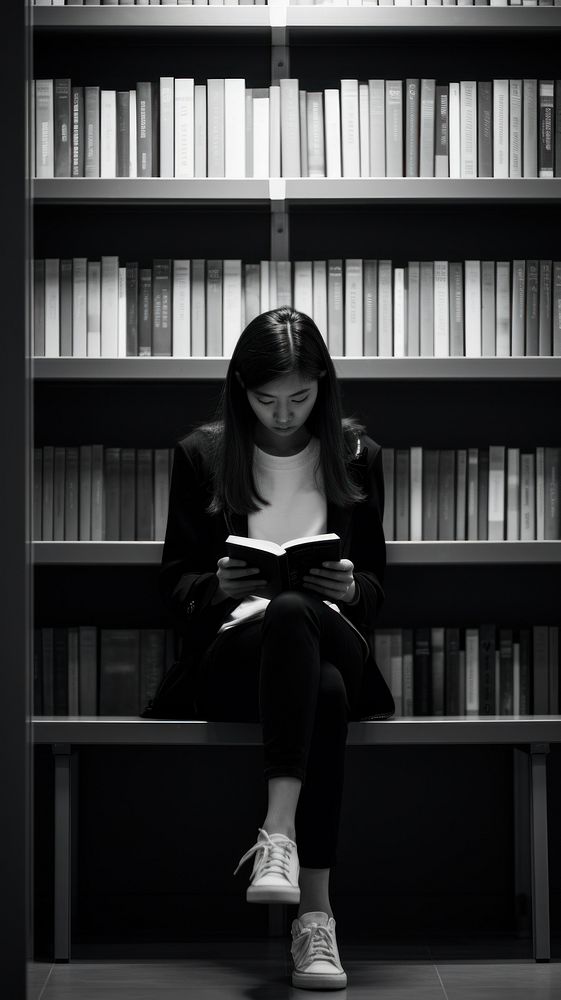 A girl reading in the library publication monochrome bookshelf.