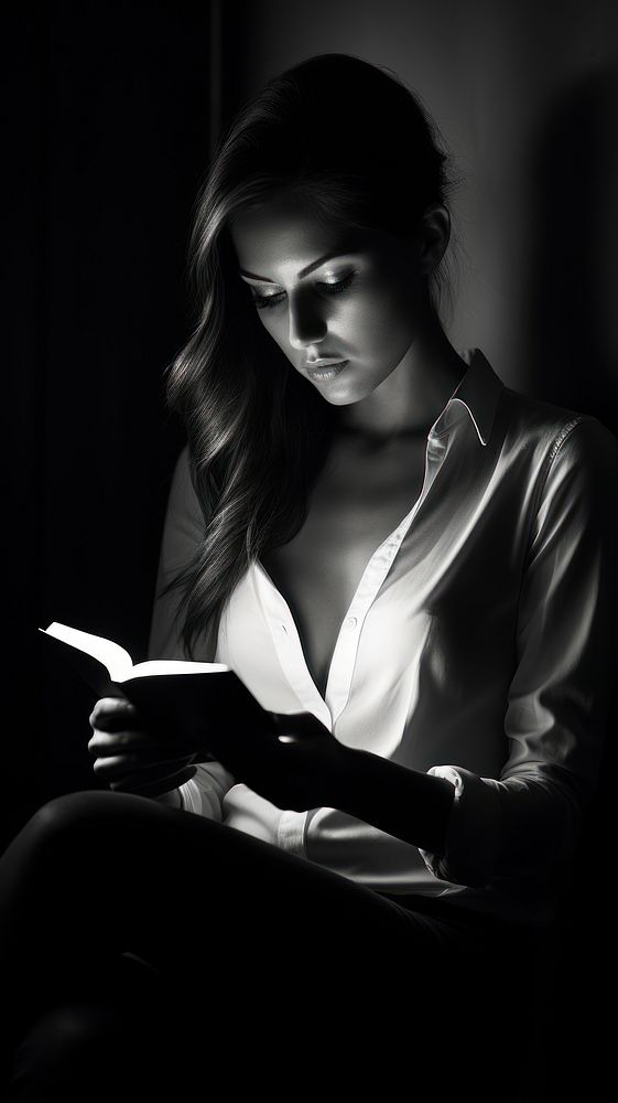A girl reading photography monochrome portrait.