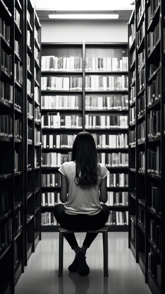 A girl reading in the library publication monochrome bookshelf.