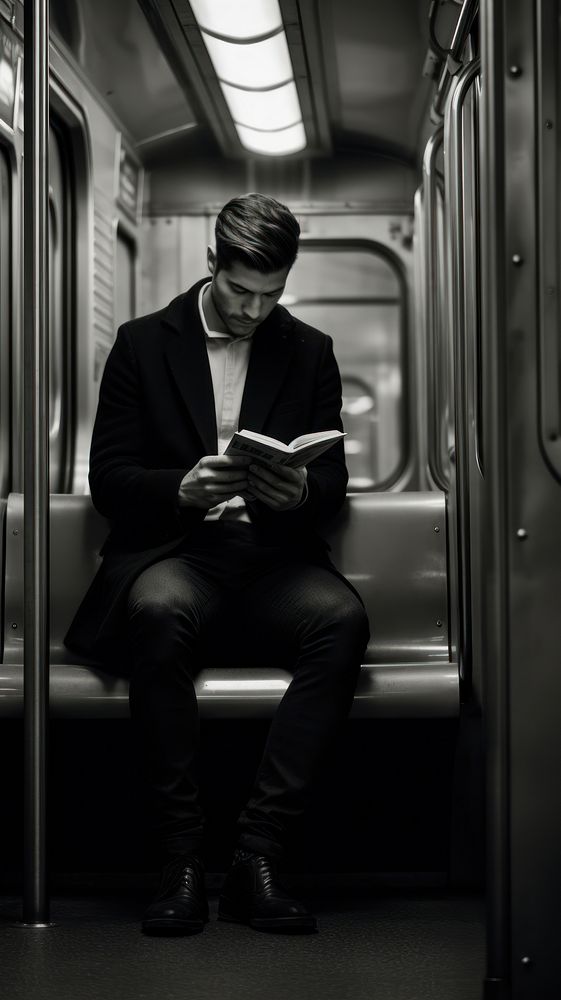 A man reading in the subway publication photography monochrome.