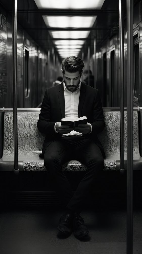 A man reading in the subway publication photography monochrome.