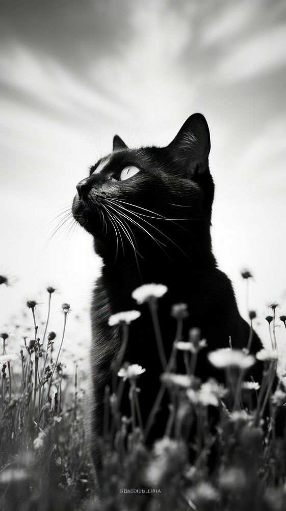 Cat in the flower field monochrome animal mammal.