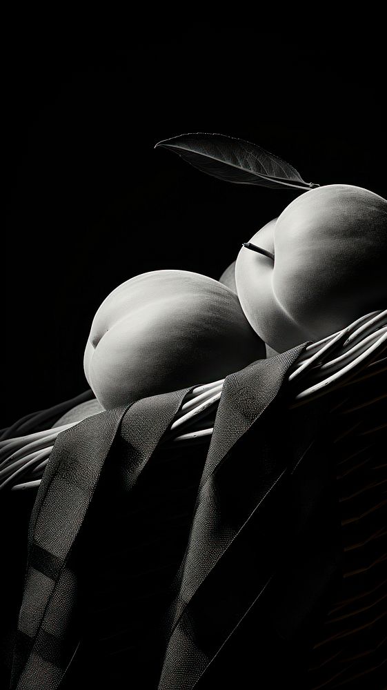 Close up peaches in basket monochrome black white.