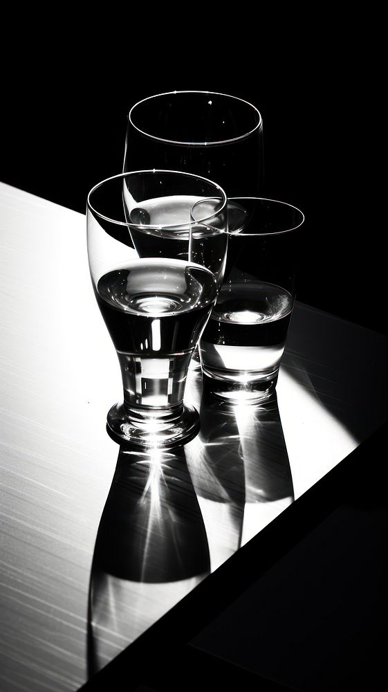 Drinking glasses on table reflect sunlight monochrome black white.