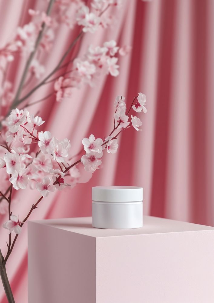 Cream skinecare packaging  blossom flower plant.