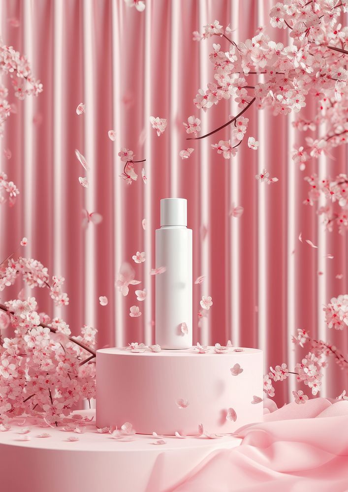 Pump skincare bottle  plant pink cosmetics.
