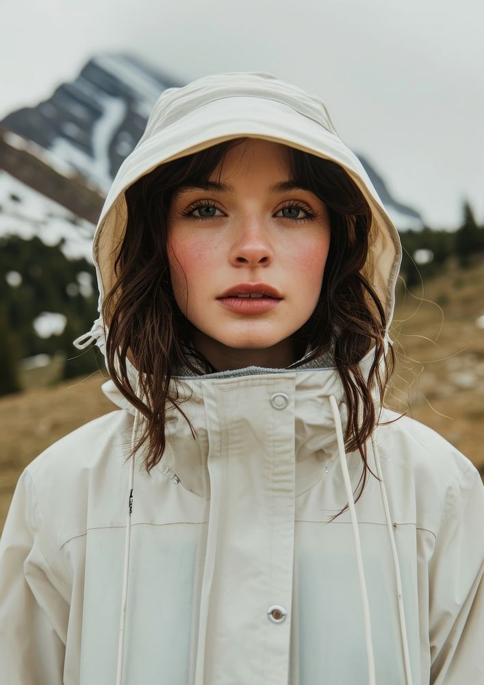 Raincoat  mountain portrait white.