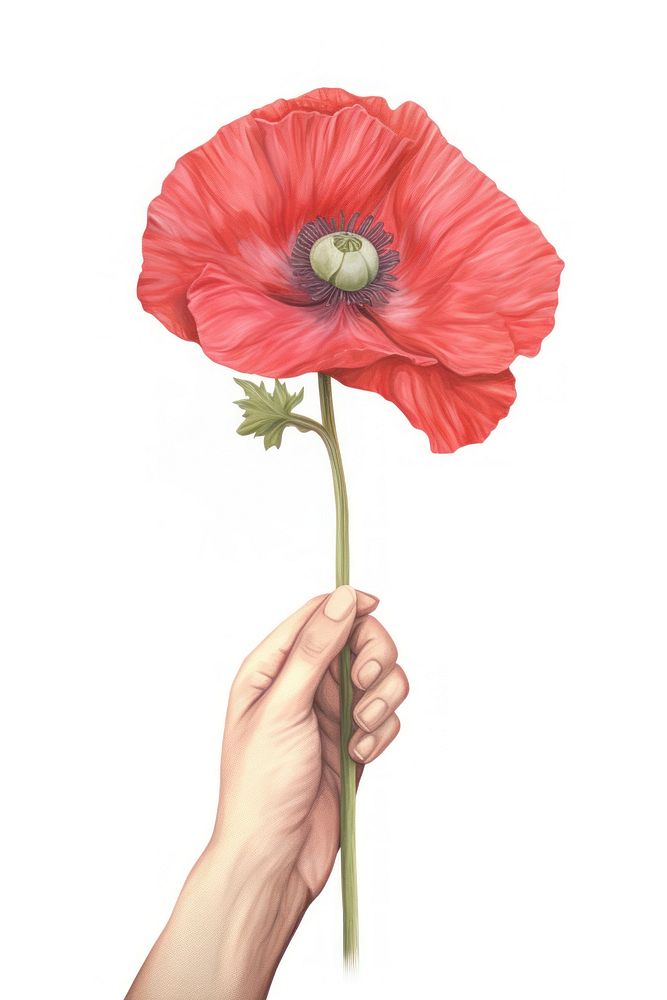 Hand holding poppy flower plant red white background.