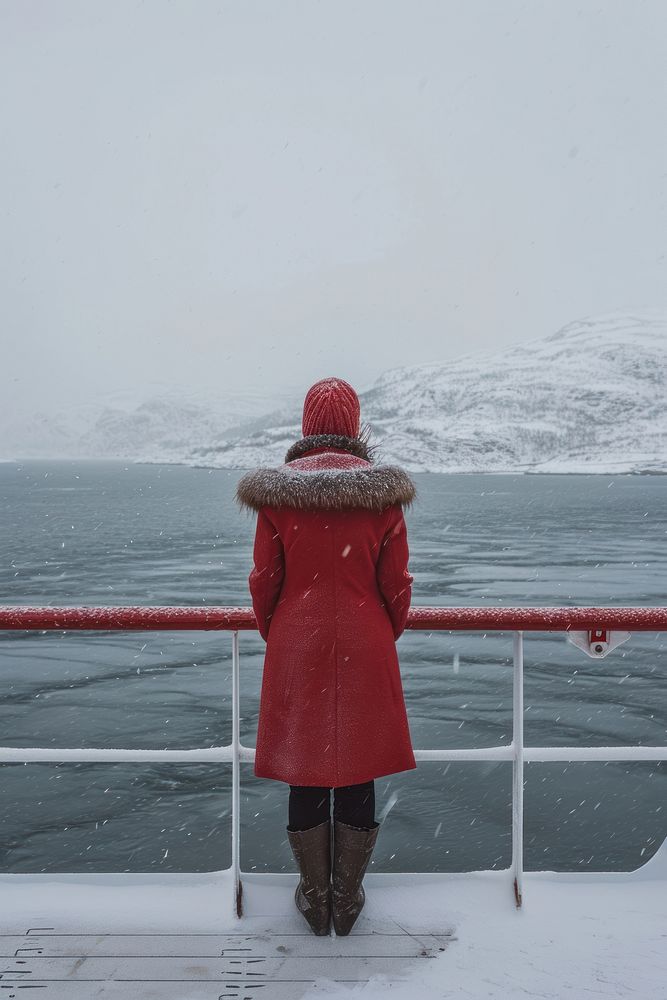Woman on a cruise ship winter standing outdoors.