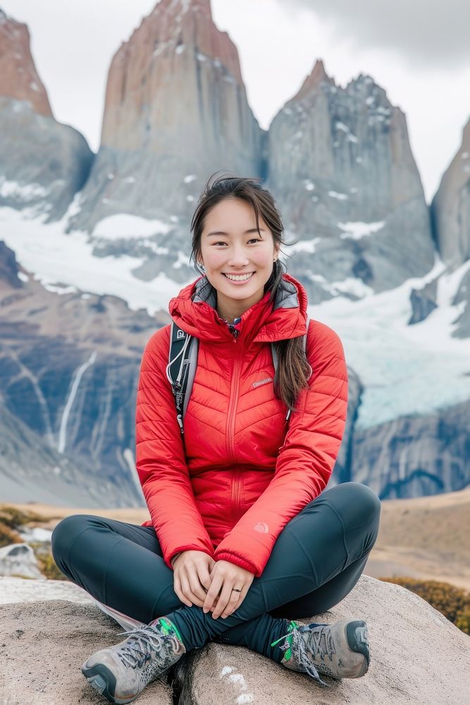 Asian woman hiker sitting at the cliff smile happy photo.