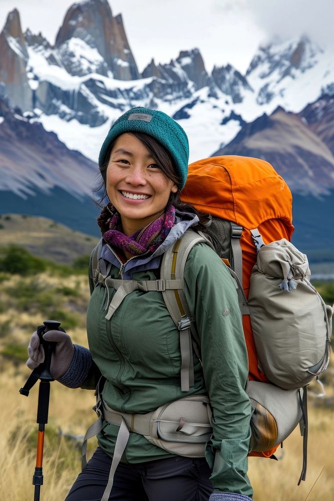 Asian woman hiking patagonia backpacking recreation adventure.