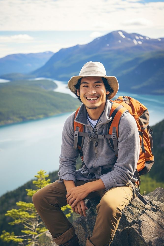 Asian man hiker sitting at the cliff backpacking adventure portrait.