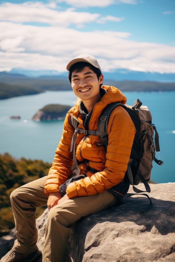 Asian man hiker sitting at the cliff adventure outdoors backpack.