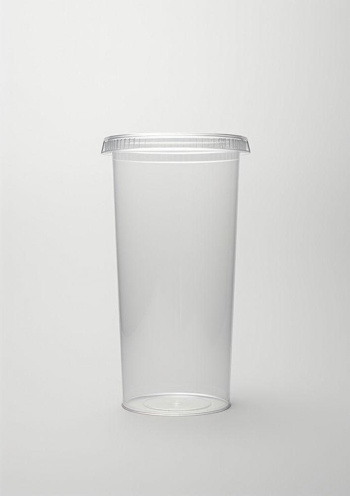 Transparent plastic cup  glass jar white background.