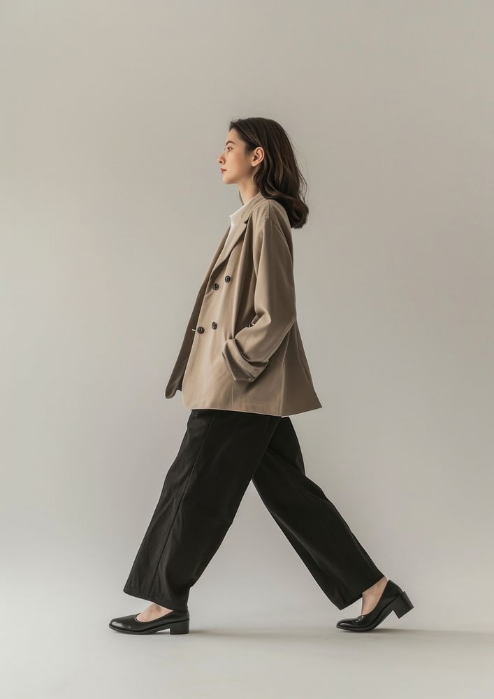 Business woman walk overcoat outerwear side view.
