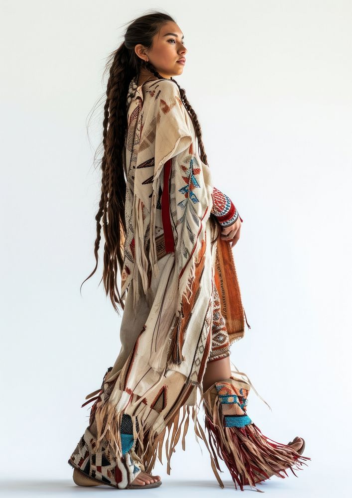 Native American fashion adult white background.