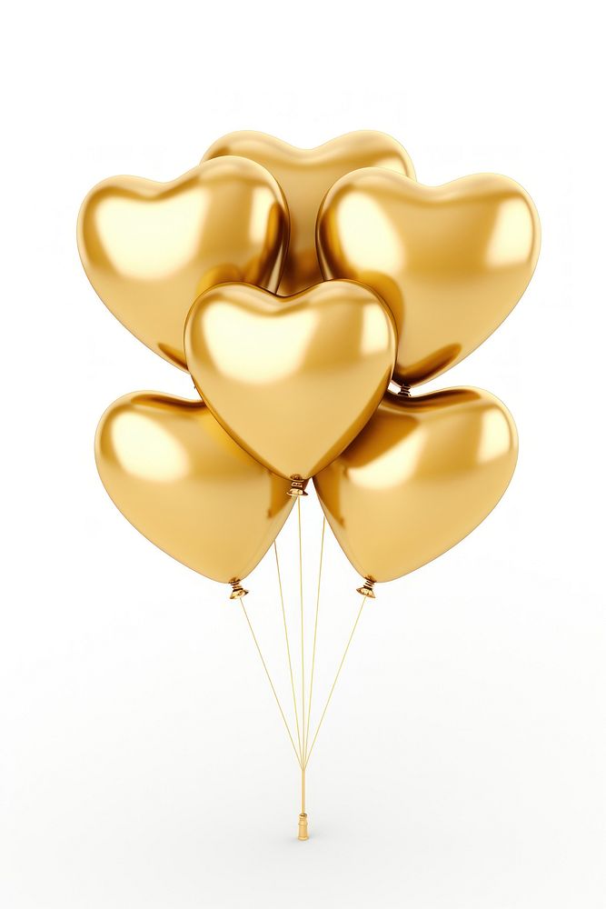 Heart balloons gold shiny white background.