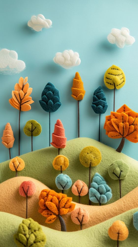 Wallpaper of felt forest on hill food art representation.