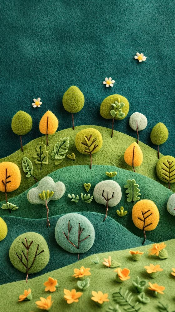 Wallpaper of felt forest on hill embroidery art creativity.