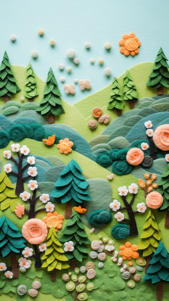 Wallpaper of felt forest on hill art pattern craft.