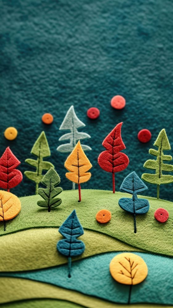 Wallpaper of felt forest on hill embroidery pattern craft.