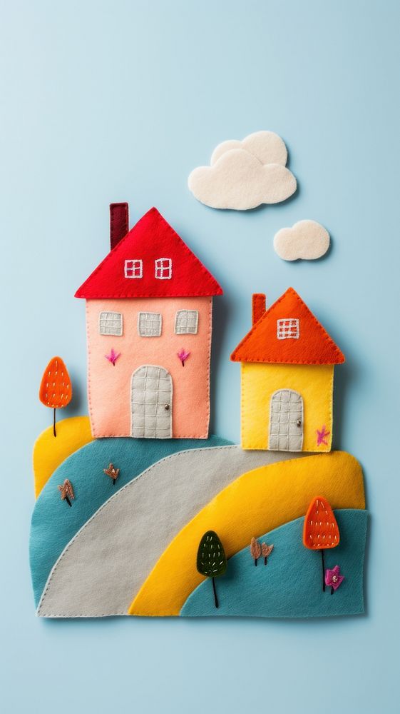 Wallpaper of felt house on hill textile art toy.