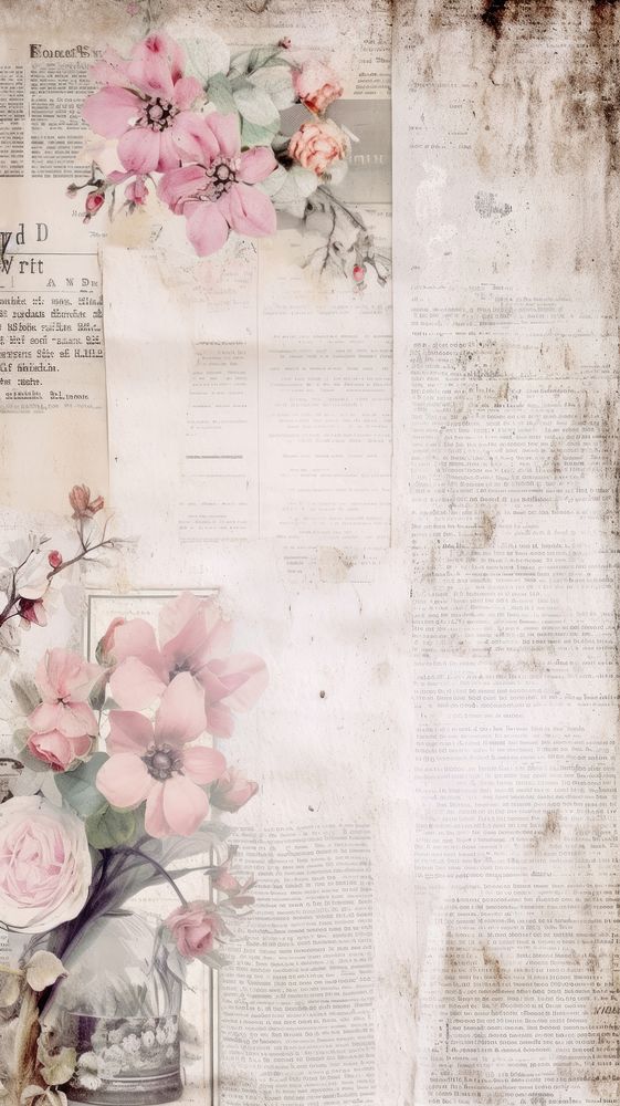 Wallpaper ephemera pale vintage mirror newspaper flower plant.