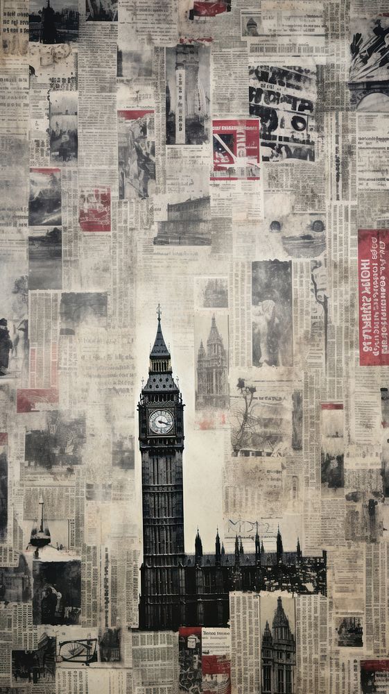 Wallpaper ephemera pale big ben architecture newspaper collage.