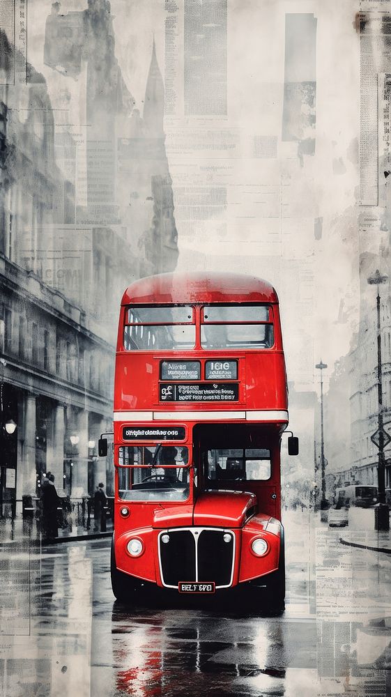 Wallpaper ephemera pale london red bus vehicle car transportation.