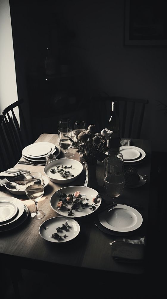 Photography of family dinner monochrome furniture table.