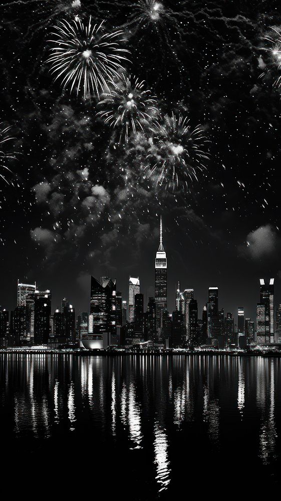 Photography of fireworks on city architecture monochrome cityscape.