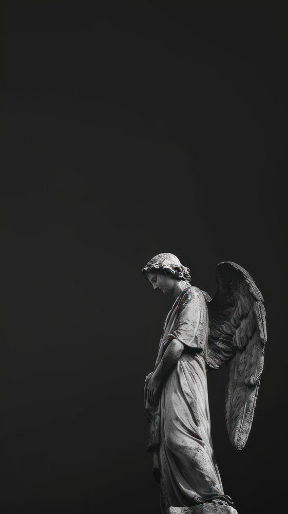 Photography of statue angel sculpture black white.