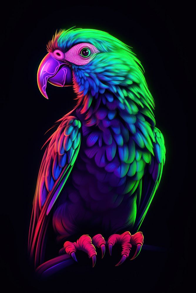 Illustration parrot Neon rim light animal purple green.