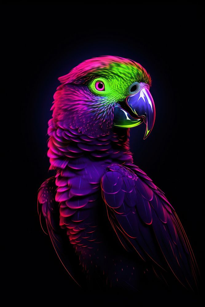 Illustration parrot Neon rim light portrait animal purple.