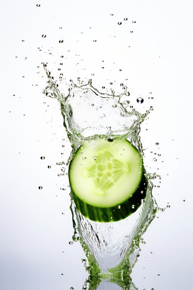 Cucumber cut falling with splash refreshment freshness splashing.