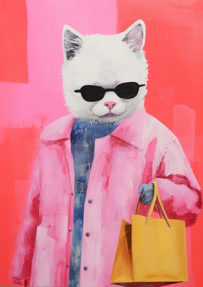 White cat goes shopping painting handbag mammal.