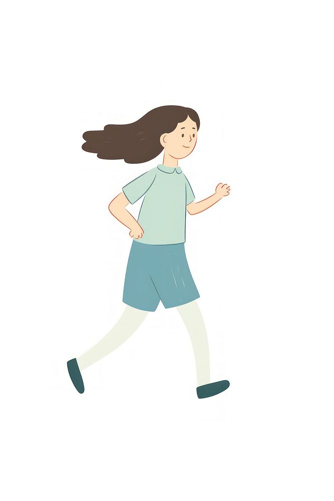 Young girl running cartoon walking white background.