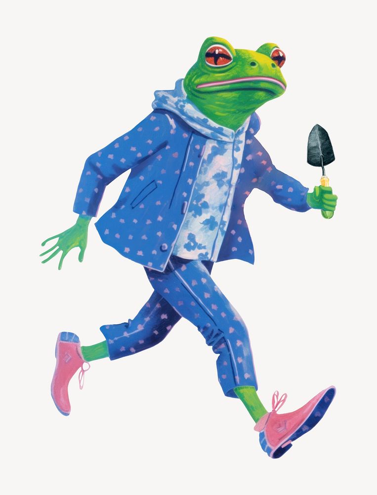 Frog character holding garden trowel digital art illustration