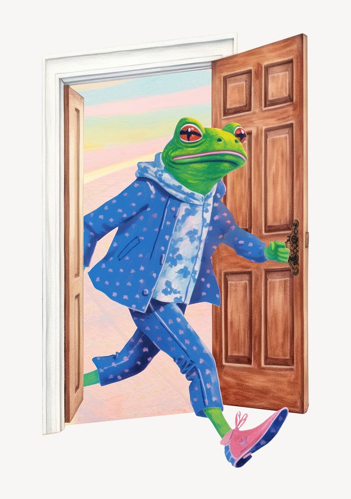 Frog character walks through door digital art illustration