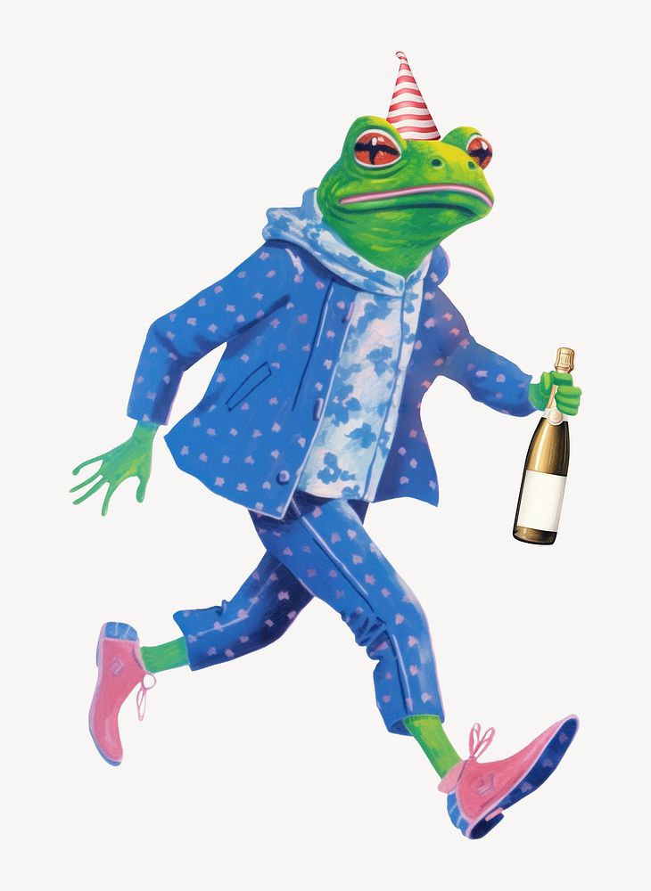 Frog character holding champagne bottle digital art illustration