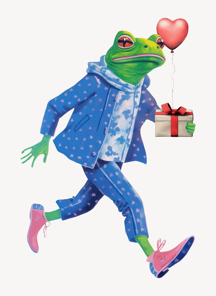 Frog character holding present & balloon digital art illustration