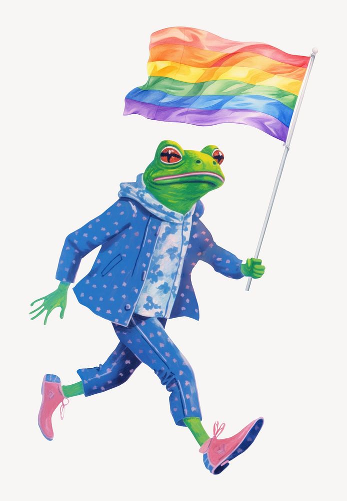 Frog character holding LGBTQ+ flag digital art illustration