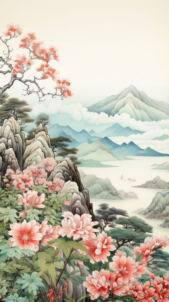  Japanese flowers and mountain painting outdoors nature. AI generated Image by rawpixel.