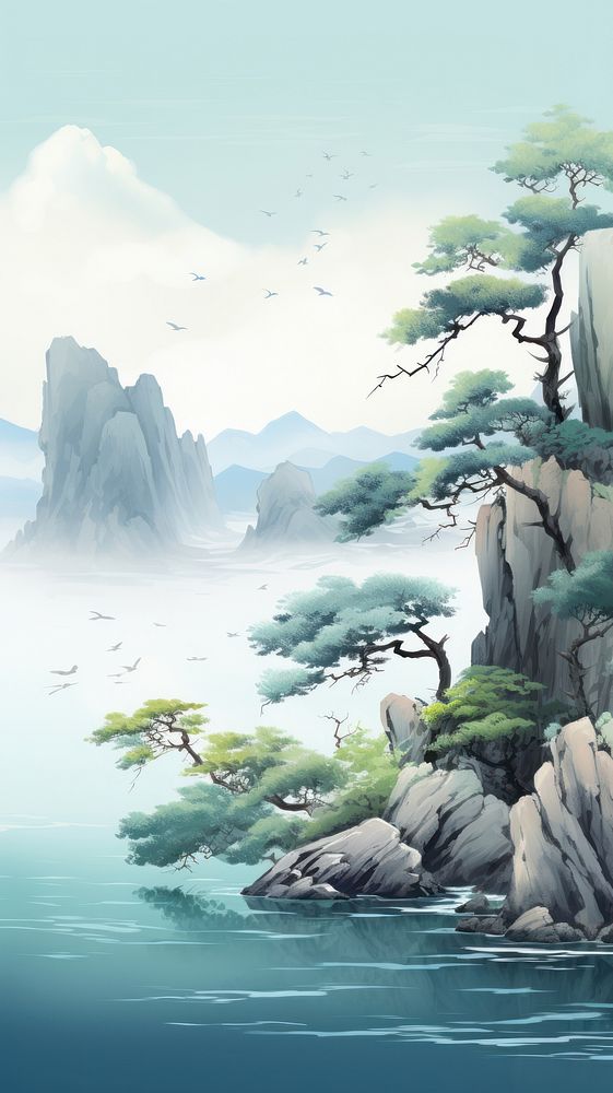  Japanese nature scenery landscape outdoors painting. AI generated Image by rawpixel.